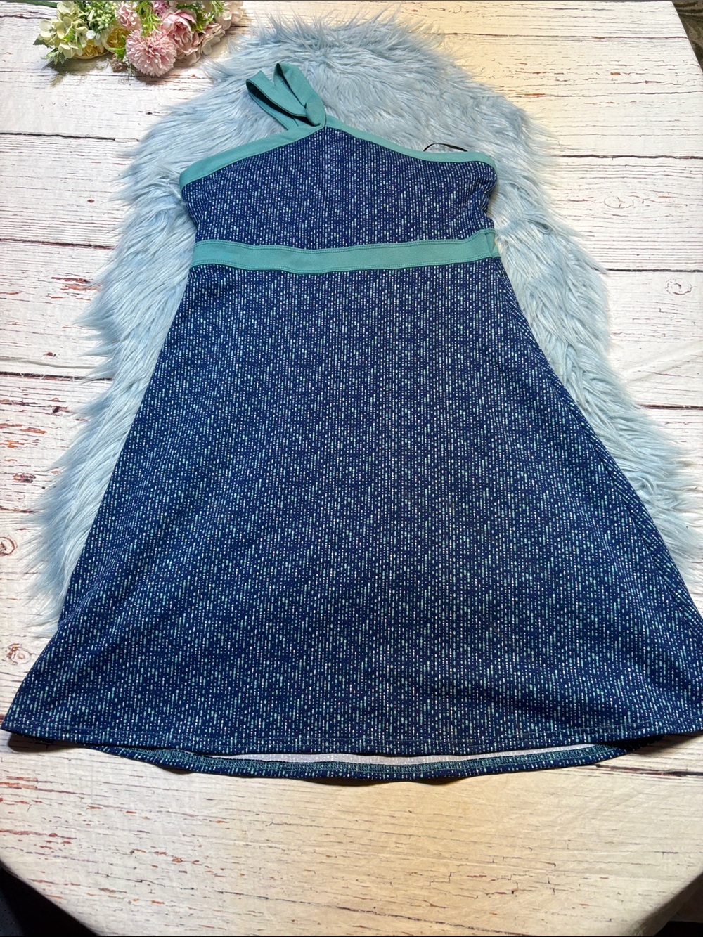 Soybu Navy Speckled One-Shoulder Dress with Teal Trim Sz M